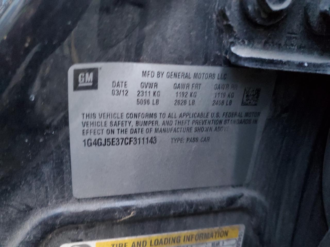 2012 Buick LaCrosse VIN 1G4GJ5E37CF311143 Copart auction photo, front end damage thumbnail 14