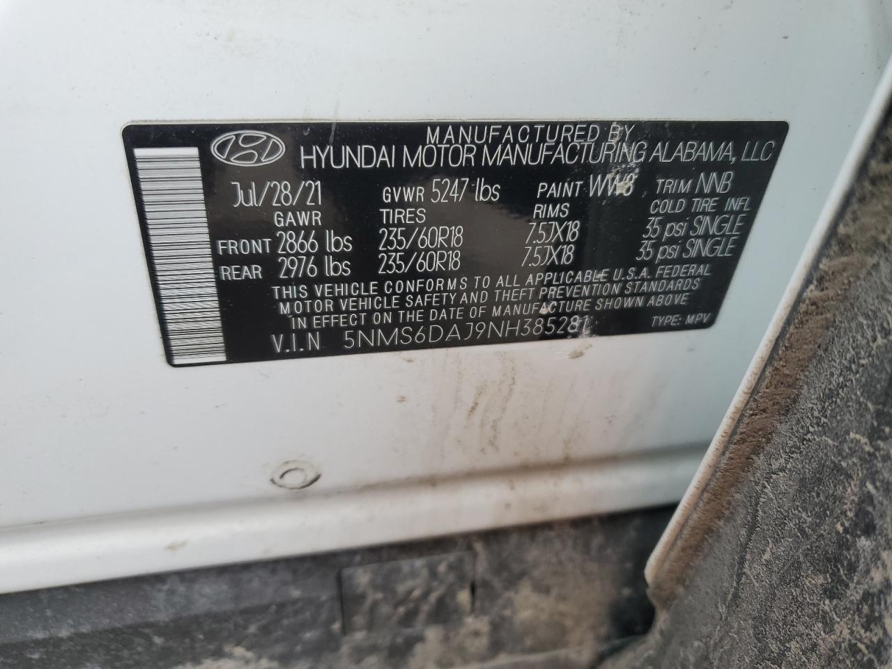 2022 Hyundai Santa Fe VIN 5NMS6DAJ9NH385281 Copart auction photo, front end damage thumbnail 14