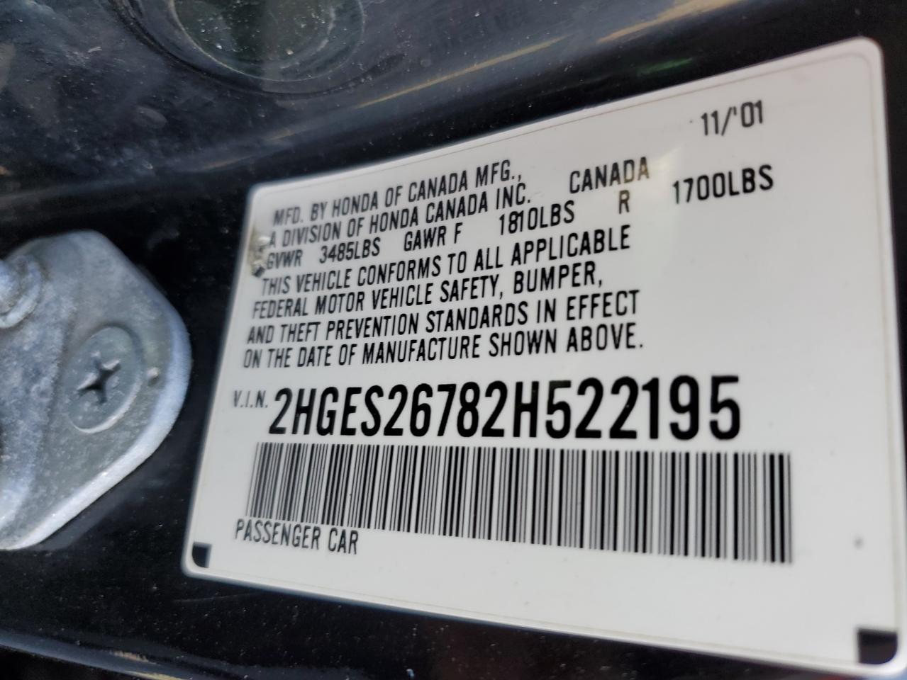 2002 Honda Civic VIN 2HGES26782H522195 Copart auction photo, side damage thumbnail 14