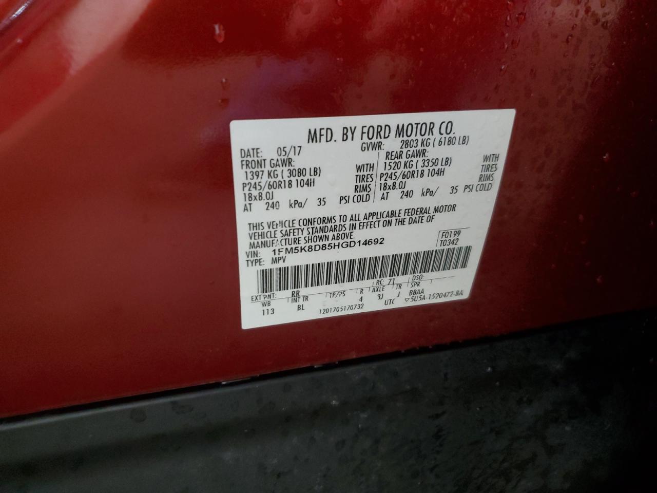 2017 Ford Explorer VIN 1FM5K8D85HGD14692 Copart auction photo, front end damage thumbnail 14