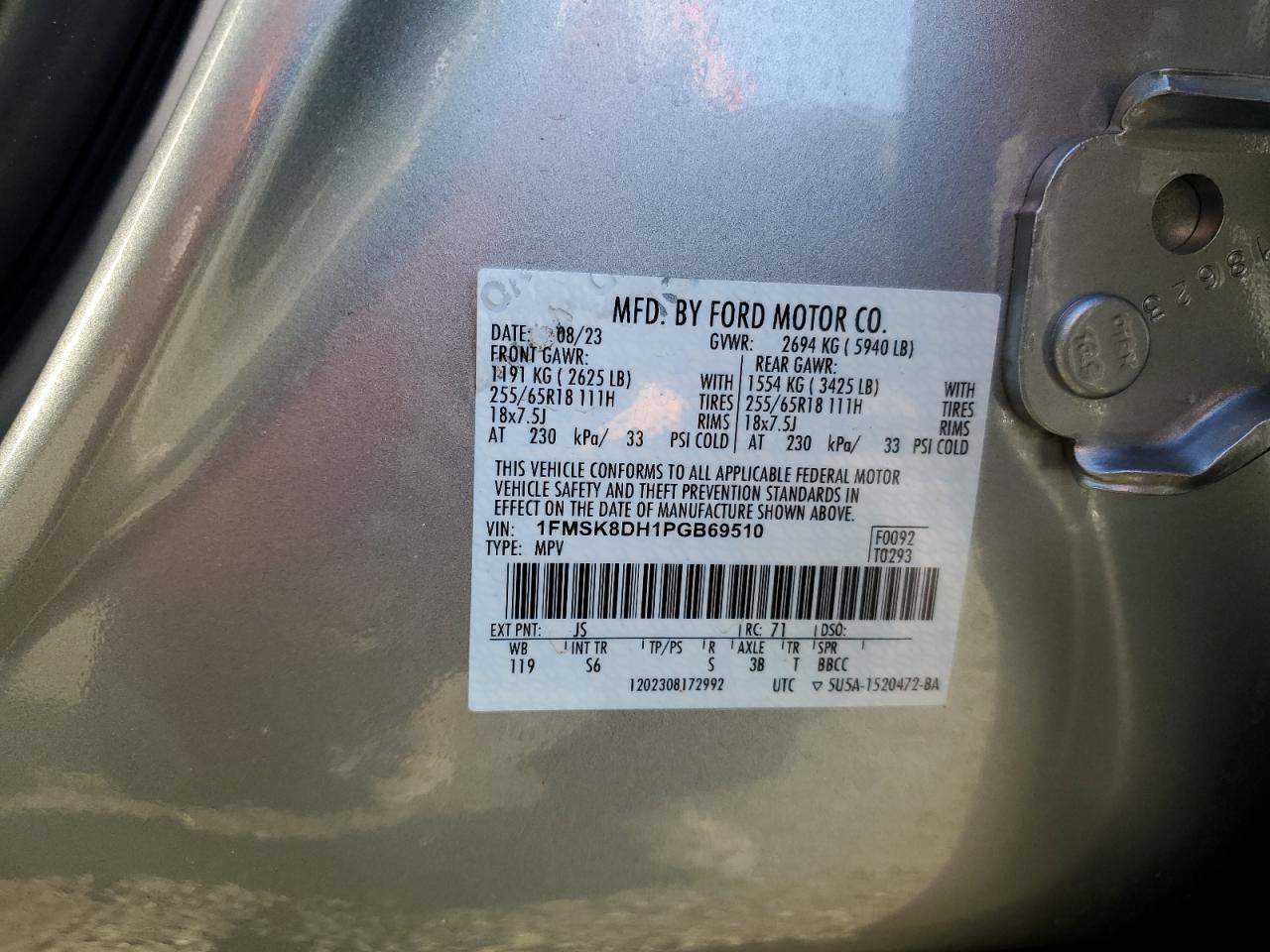 2023 Ford Explorer VIN 1FMSK8DH1PGB69510 Copart auction photo, all over damage thumbnail 16