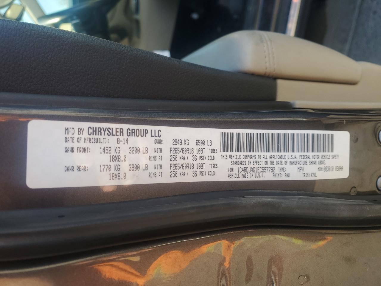 2014 Dodge Durango VIN 1C4RDJAG1EC597792 Copart auction photo, rear end damage thumbnail 14