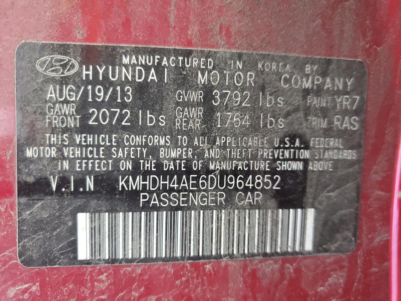 2013 Hyundai Elantra VIN KMHDH4AE6DU964852 Copart auction photo, side / minor dent/scratches damage thumbnail 12