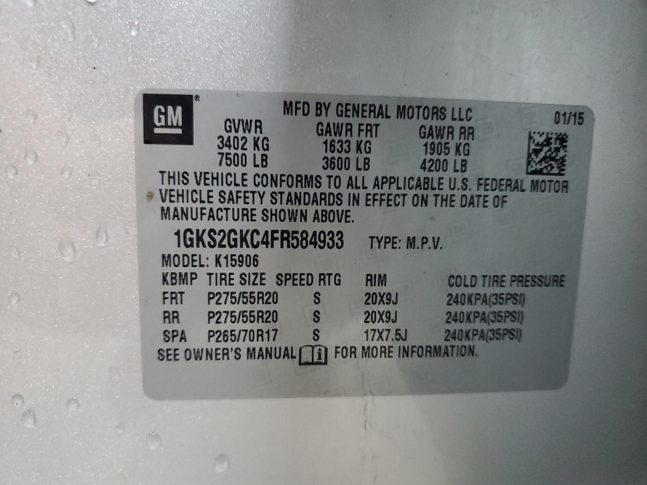 2015 GMC Yukon VIN 1GKS2GKC4FR584933 Copart auction photo, front end / minor dent/scratches damage thumbnail 13