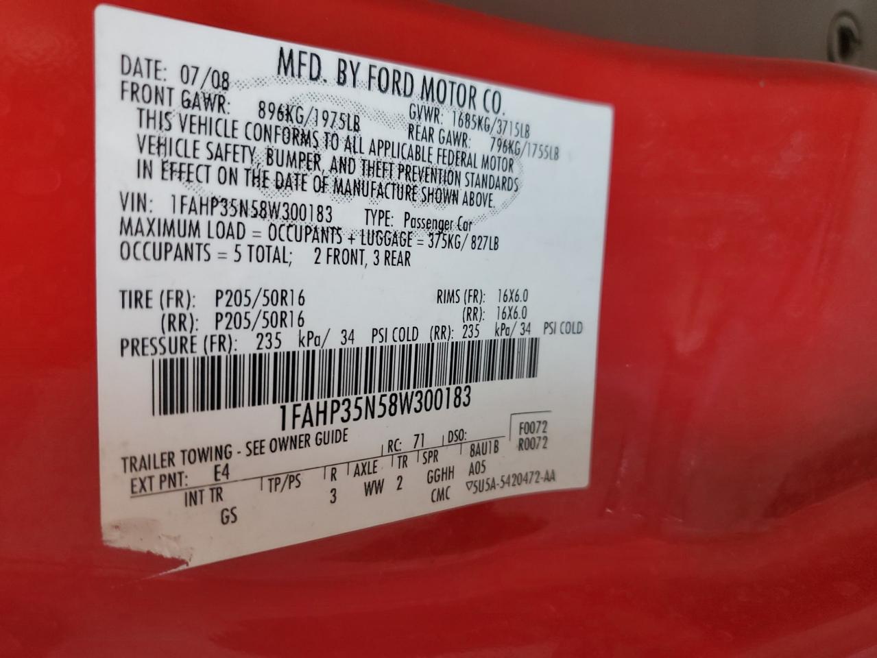 2008 Ford Focus VIN 1FAHP35N58W300183 Copart auction photo, rear end / mechanical damage thumbnail 13
