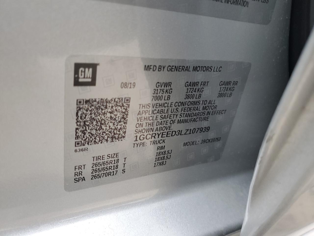 2020 Chevrolet Silverado VIN 1GCRYEED3LZ107939 Copart auction photo, rear end damage thumbnail 12