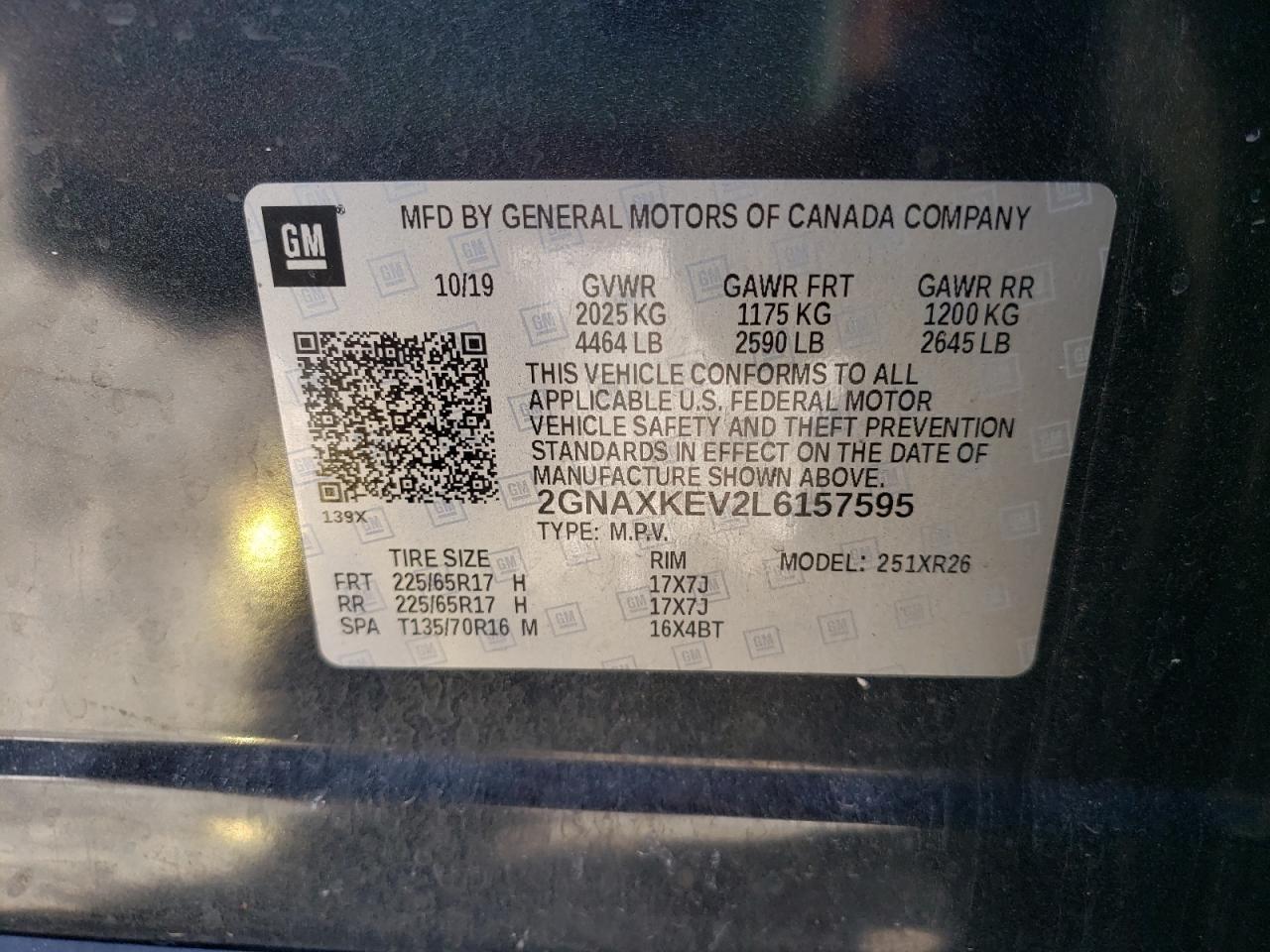 2020 Chevrolet Equinox VIN 2GNAXKEV2L6157595 Copart auction photo, water/flood damage thumbnail 13