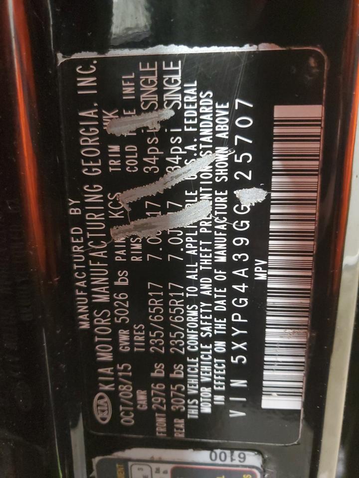 2016 KIA Sorento VIN 5XYPG4A39GG125707 Copart auction photo, rear end damage thumbnail 14