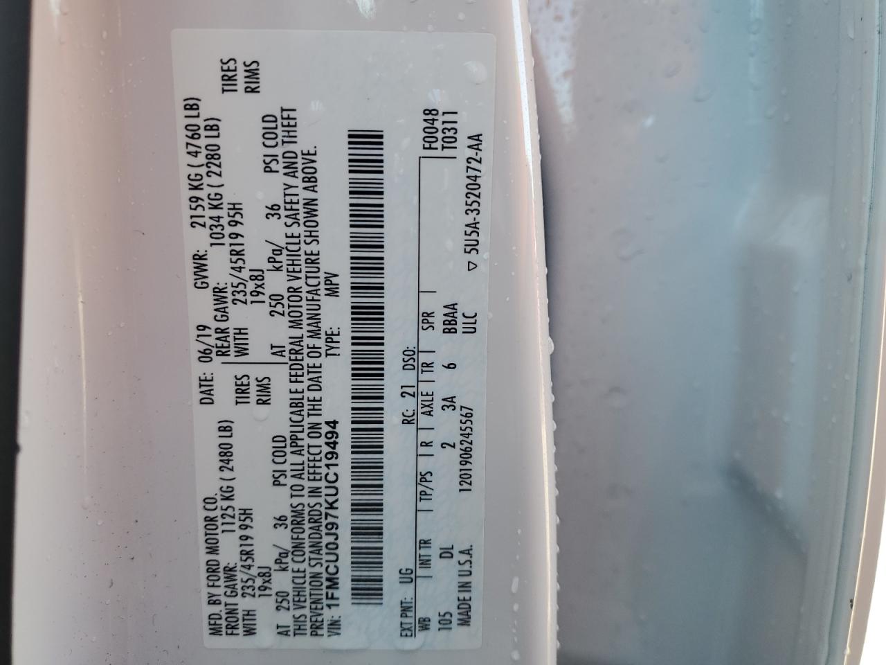 2019 Ford Escape VIN 1FMCU0J97KUC19494 Copart auction photo, front end / side damage thumbnail 14