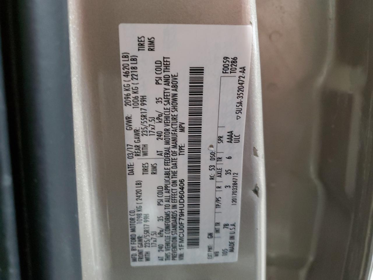 2017 Ford Escape VIN 1FMCU0F79HUD60406 Copart auction photo, front end / rear end damage thumbnail 13