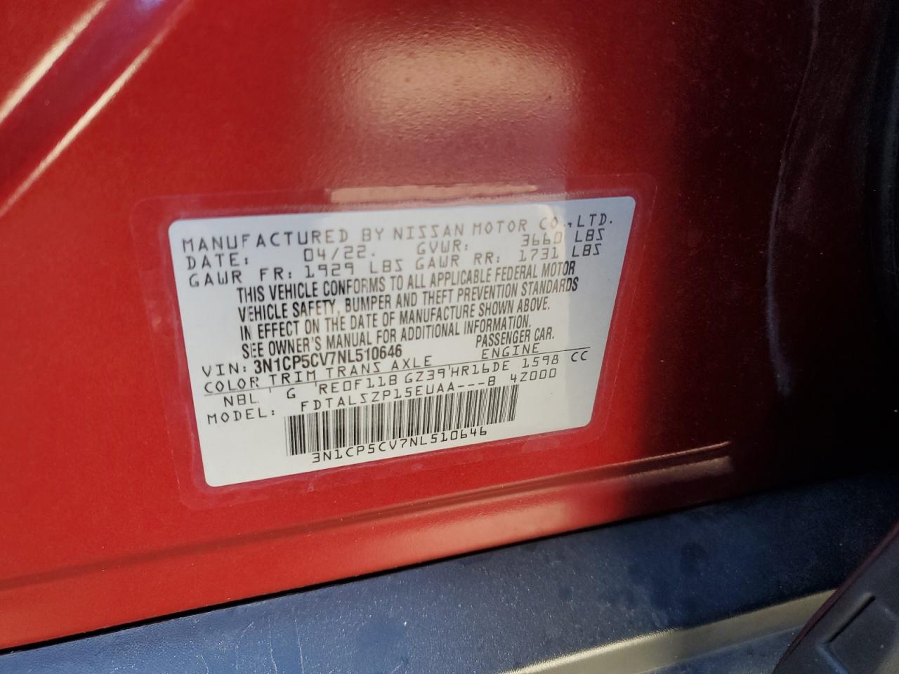 2022 Nissan Kicks VIN 3N1CP5CV7NL510646 Copart auction photo, front end / rear end damage thumbnail 14