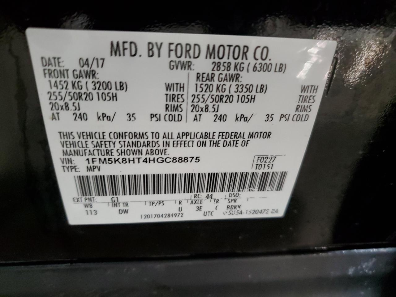 2017 Ford Explorer VIN 1FM5K8HT4HGC88875 Copart auction photo, front end / rear end damage thumbnail 15
