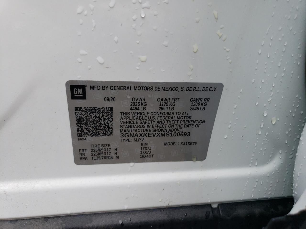 2021 Chevrolet Equinox VIN 3GNAXKEVXMS100693 Copart auction photo, front end / minor dent/scratches damage thumbnail 13