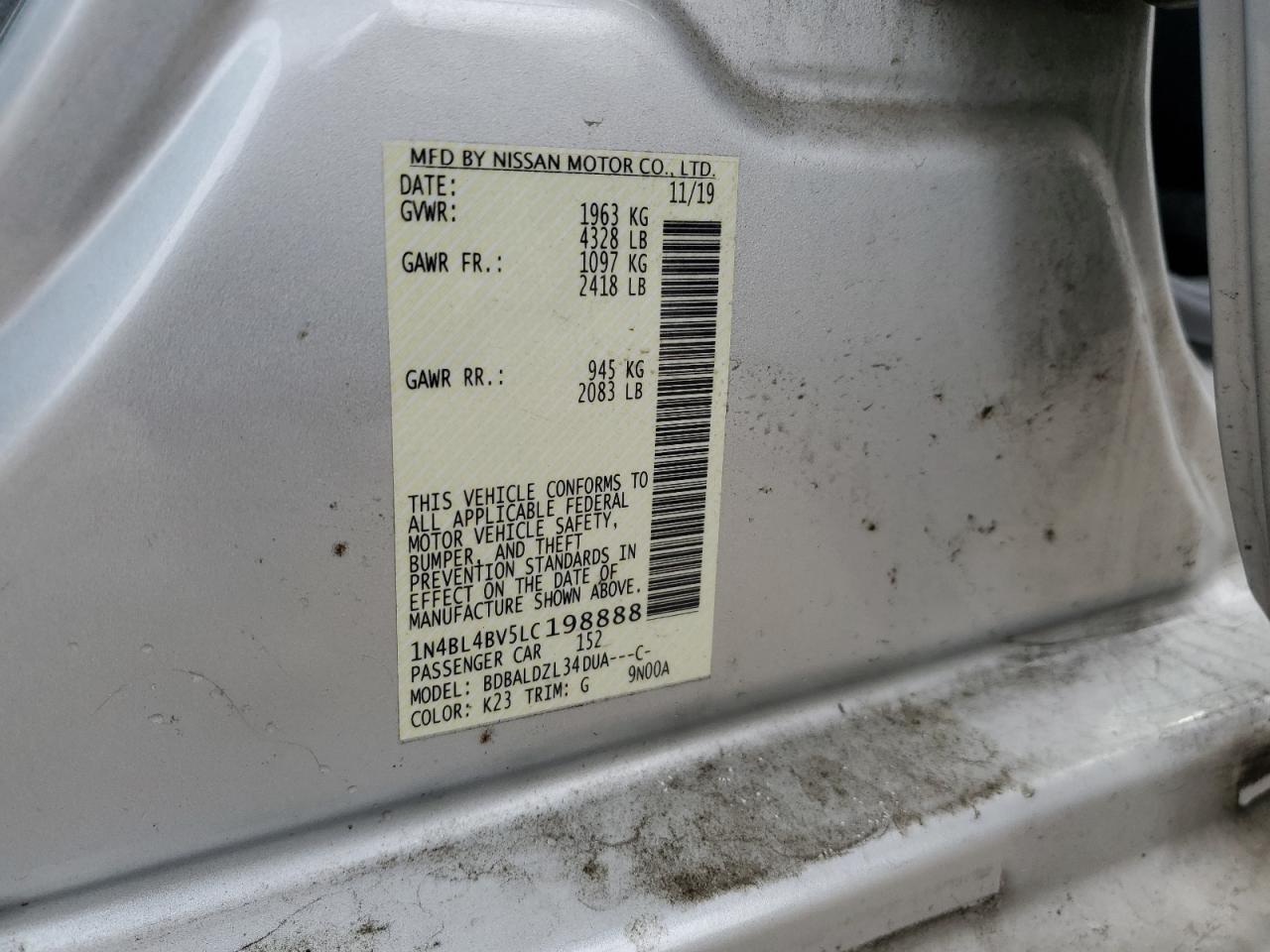 2020 Nissan Altima VIN 1N4BL4BV5LC198888 Copart auction photo, rear end / hail damage thumbnail 14