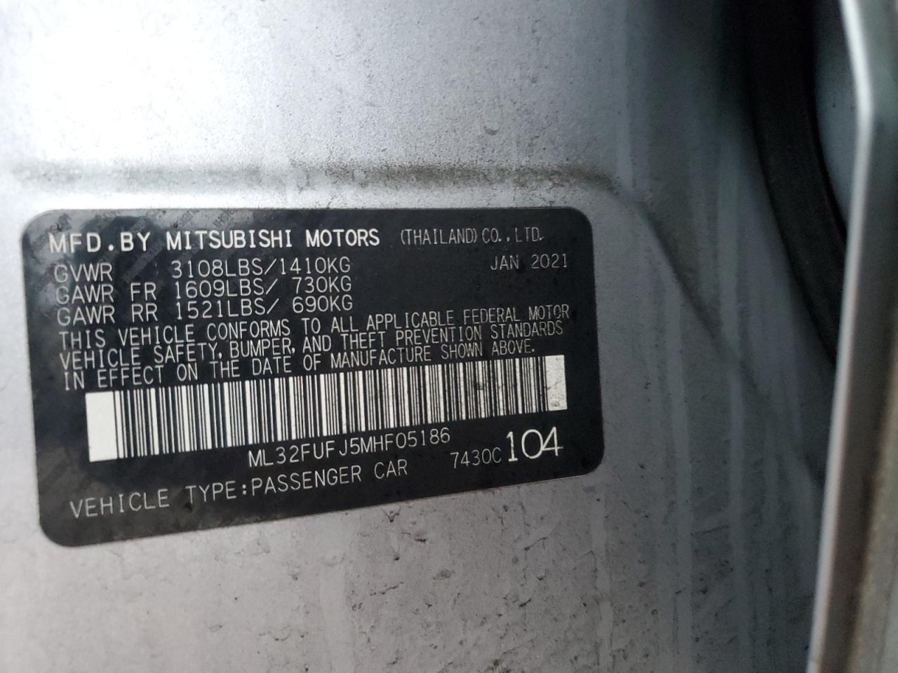 2021 Mitsubishi Mirage VIN ML32FUFJ5MHF05186 Copart auction photo, front end / side damage thumbnail 14