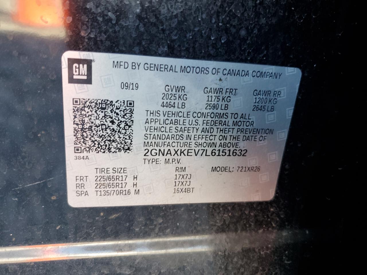2020 Chevrolet Equinox VIN 2GNAXKEV7L6151632 Copart auction photo, rear end / minor dent/scratches damage thumbnail 15