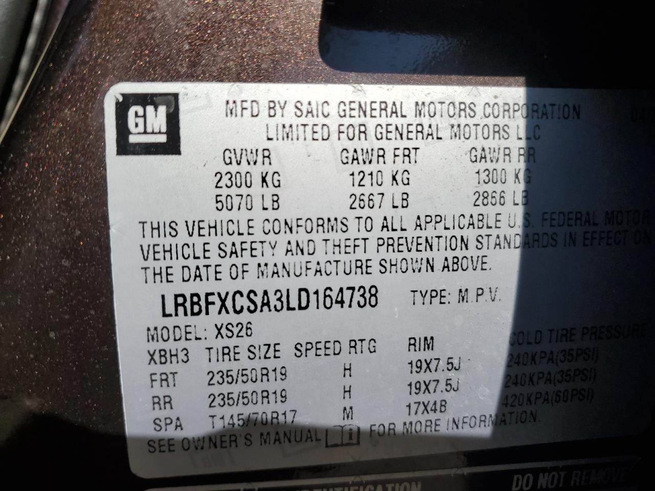2020 Buick Envision VIN LRBFXCSA3LD164738 Copart auction photo, rear end damage thumbnail 14
