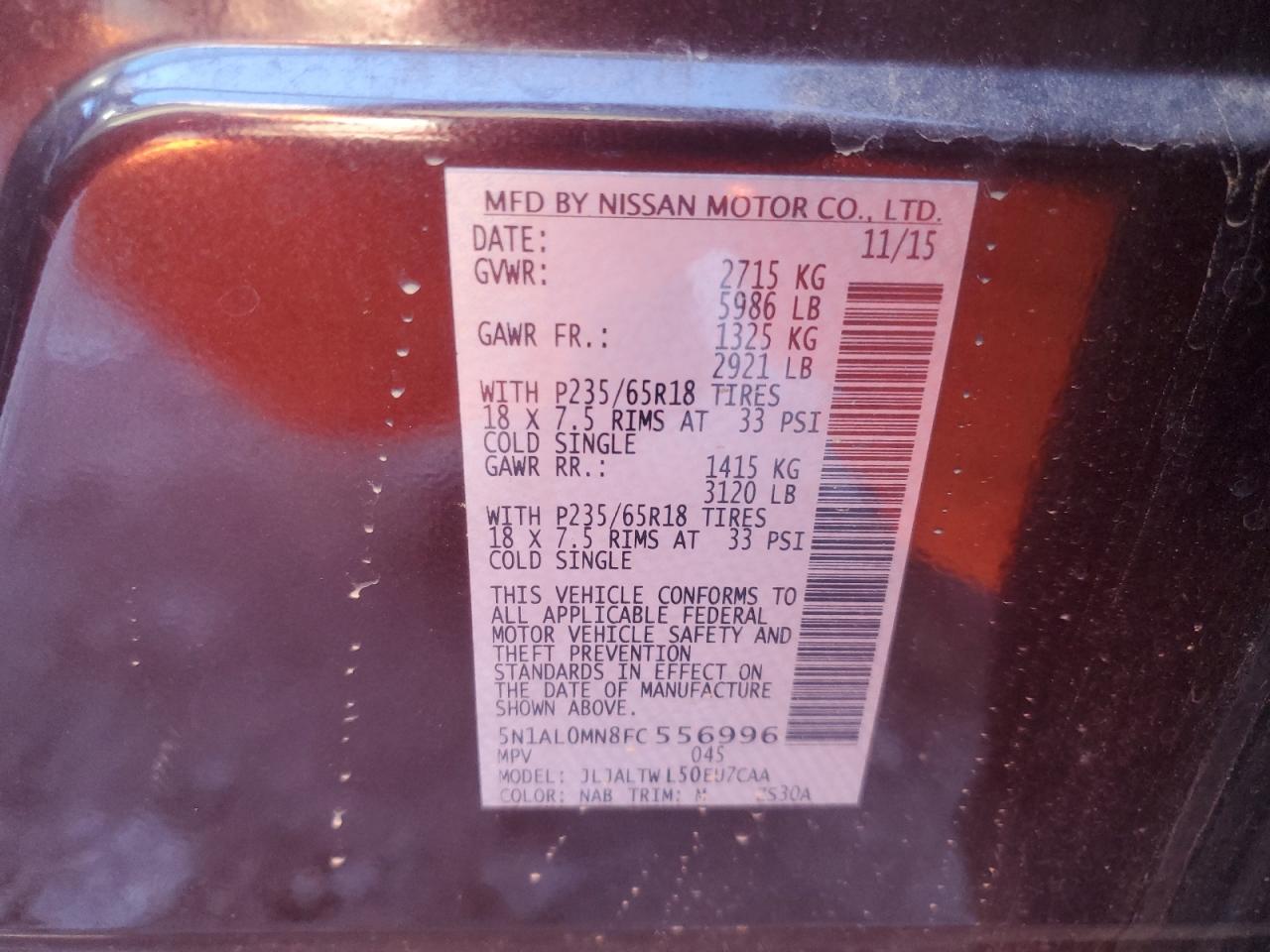 2015 Infiniti QX60 VIN 5N1AL0MN8FC556996 Copart auction photo, burn - engine / minor dent/scratches damage thumbnail 13