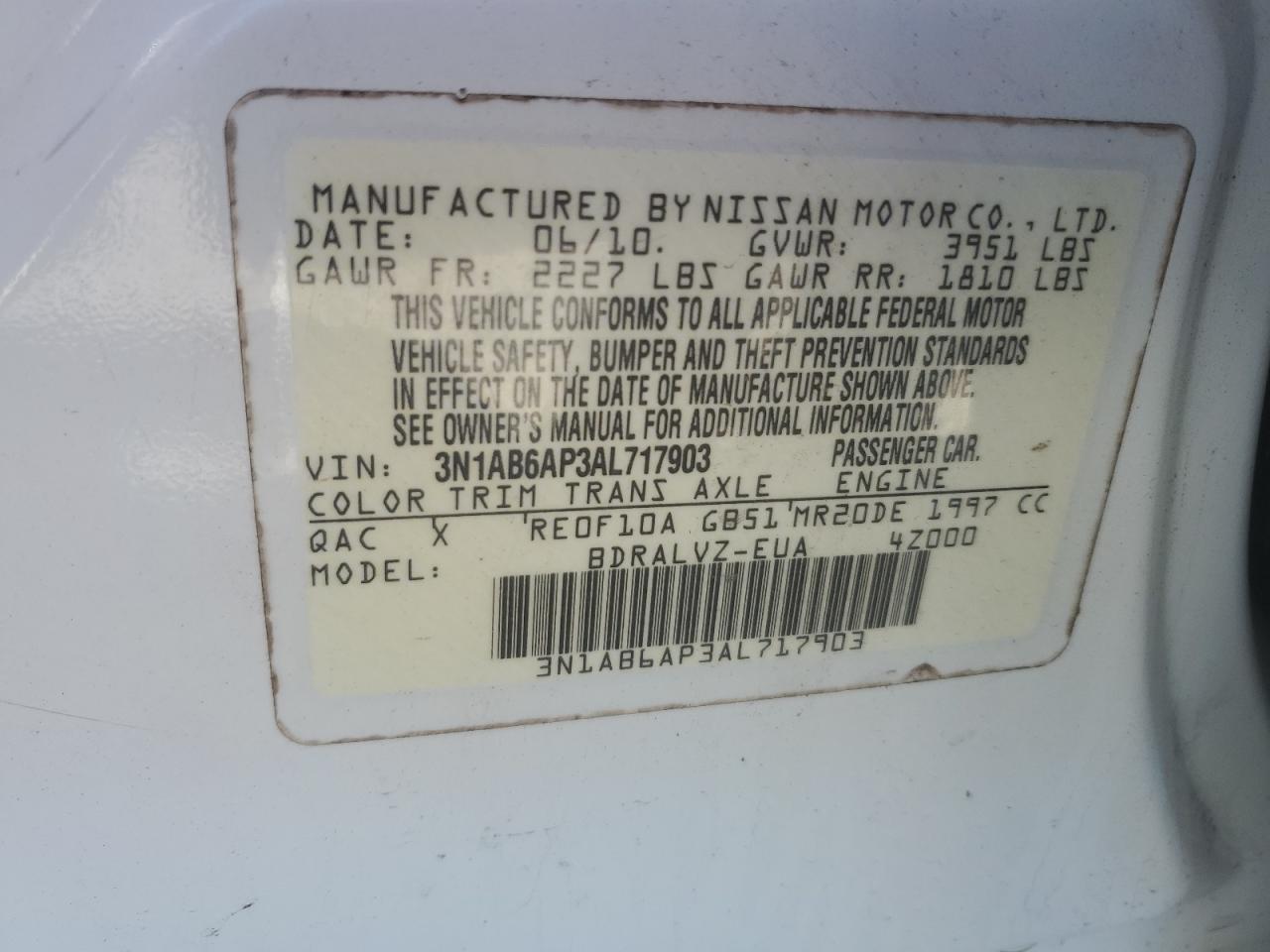 2010 Nissan Sentra VIN 3N1AB6AP3AL717903 Copart auction photo, front end damage thumbnail 14