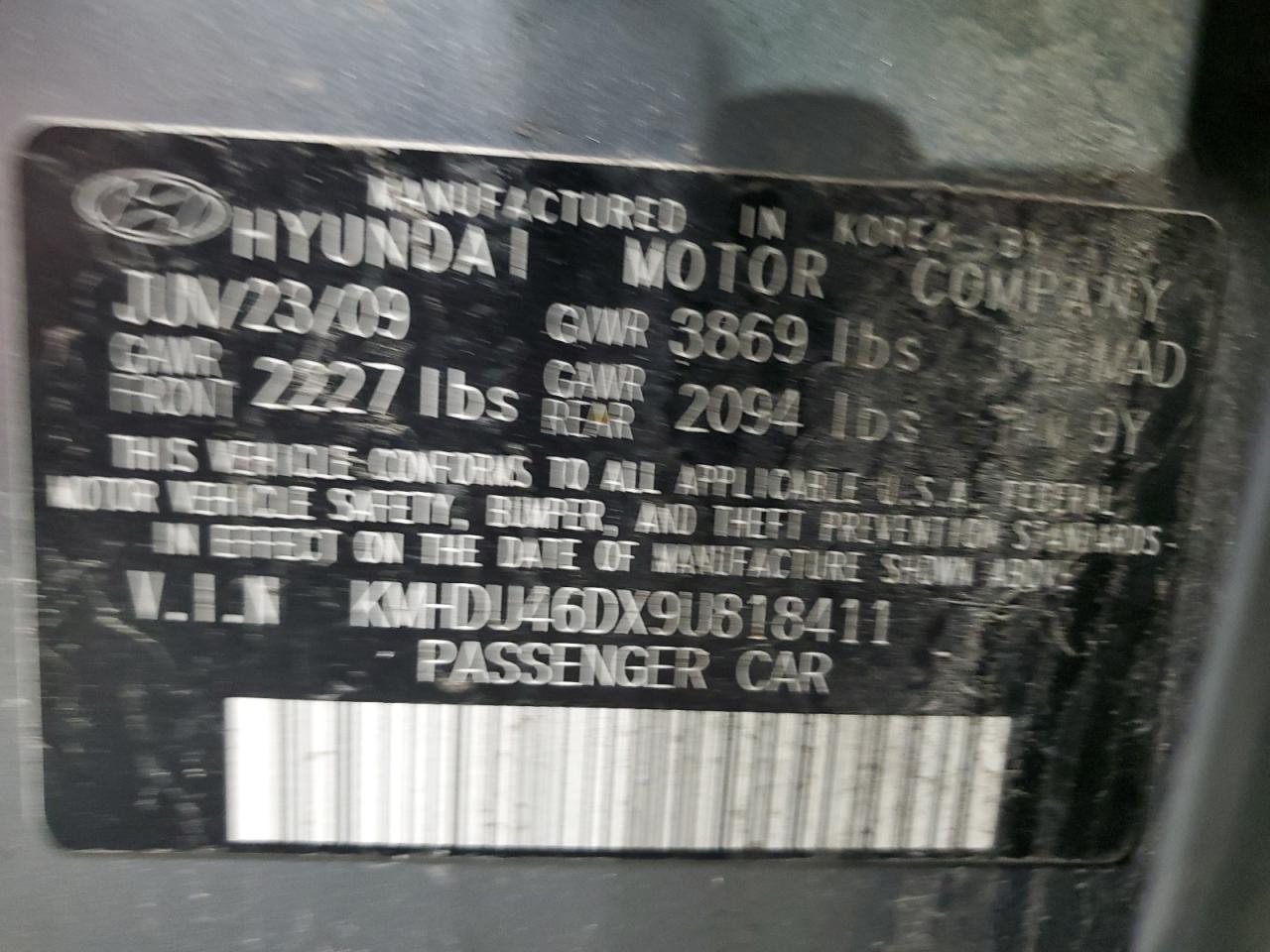 2009 Hyundai Elantra VIN KMHDU46DX9U818411 Copart auction photo, front end / minor dent/scratches damage thumbnail 12
