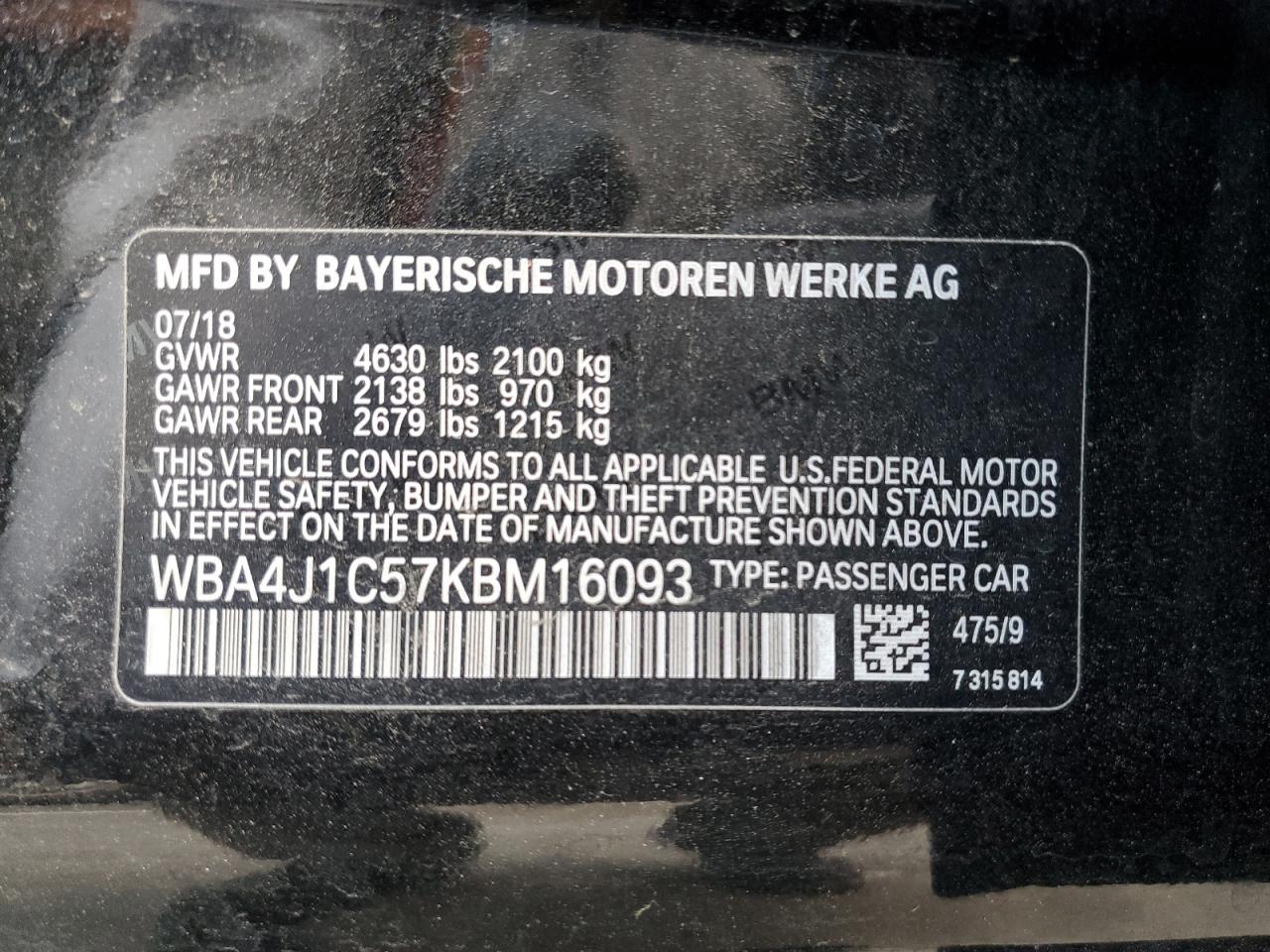 2019 BMW 4er VIN WBA4J1C57KBM16093 Copart auction photo, rear end / side damage thumbnail 12