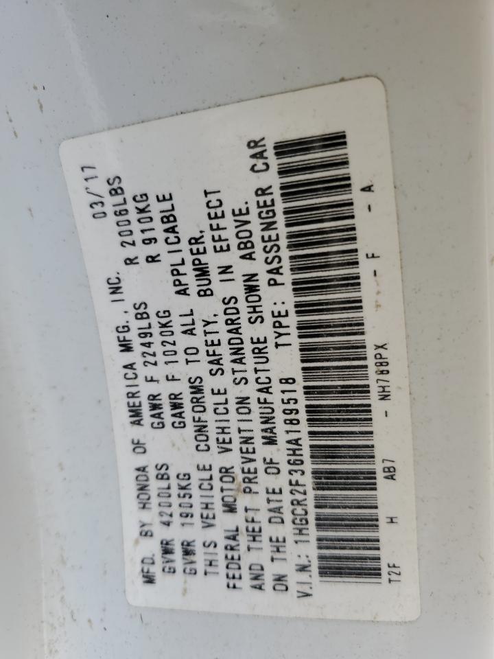 2017 Honda Accord VIN 1HGCR2F36HA189518 Copart auction photo, water/flood damage thumbnail 13