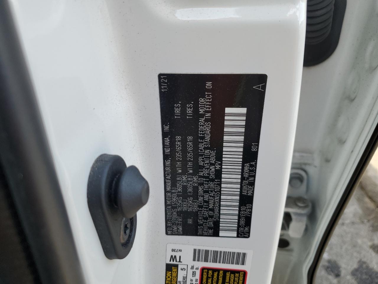 2022 Toyota Highlander VIN 5TDHARAHXNS510711 Copart auction photo, side / front end damage thumbnail 15