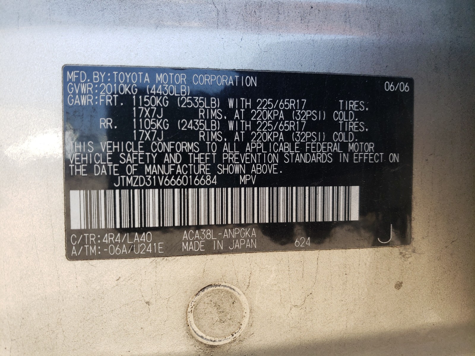 2006 Toyota RAV 4 VIN JTMZD31V666016684 Copart auction photo, front end damage thumbnail 10