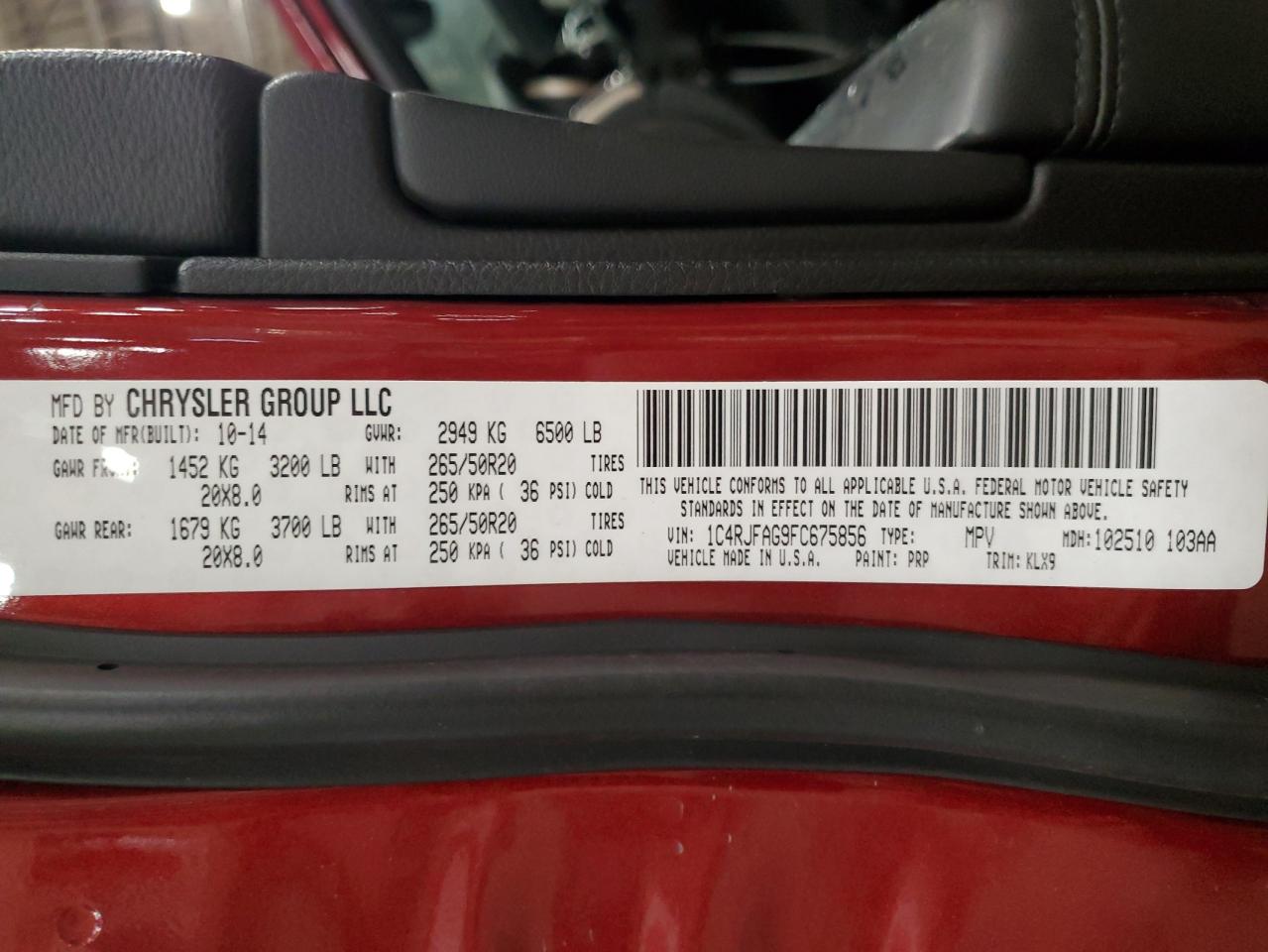 2015 Jeep Grand Cherokee VIN 1C4RJFAG9FC675856 Copart auction photo, front end / undercarriage damage thumbnail 13