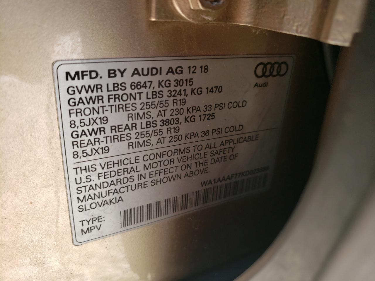 2019 Audi Q7 VIN WA1AAAF77KD023888 Copart auction photo, undercarriage / front end damage thumbnail 14