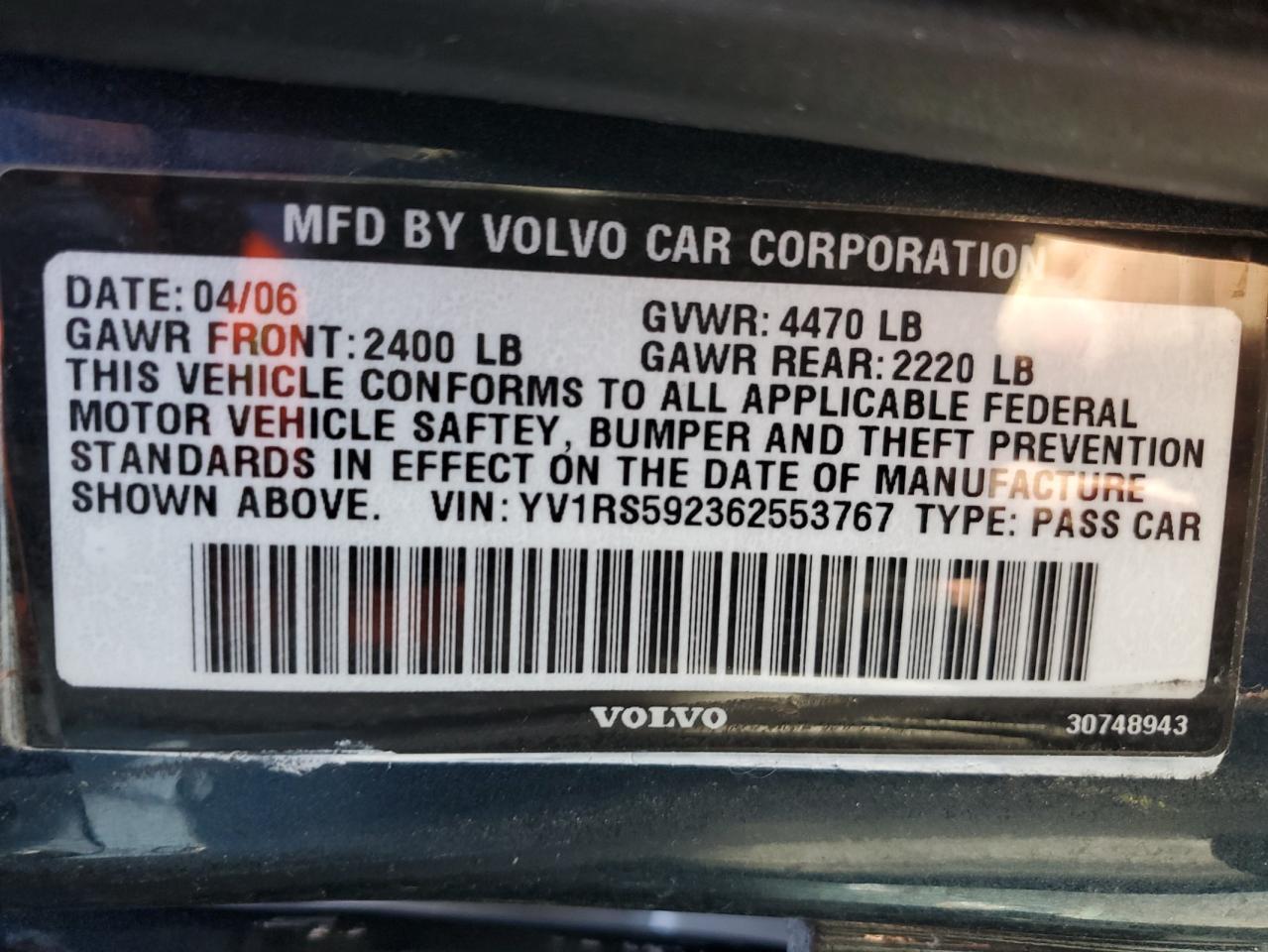 2006 Volvo S60 VIN YV1RS592362553767 Copart auction photo, front end damage thumbnail 12