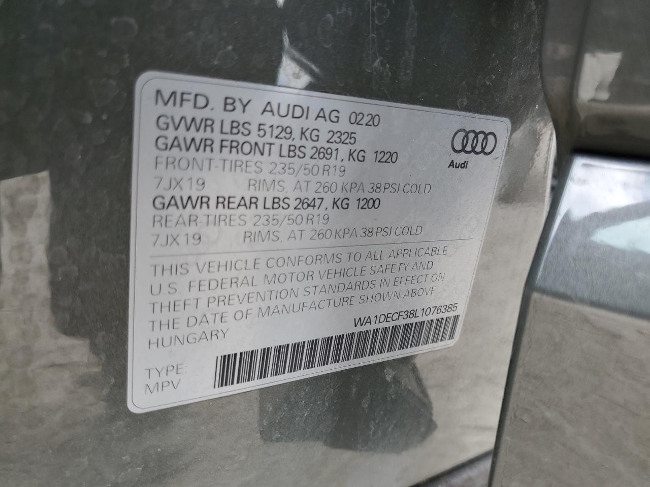2020 Audi Q3 VIN WA1DECF38L1076385 Copart auction photo, side / partial repair damage thumbnail 13