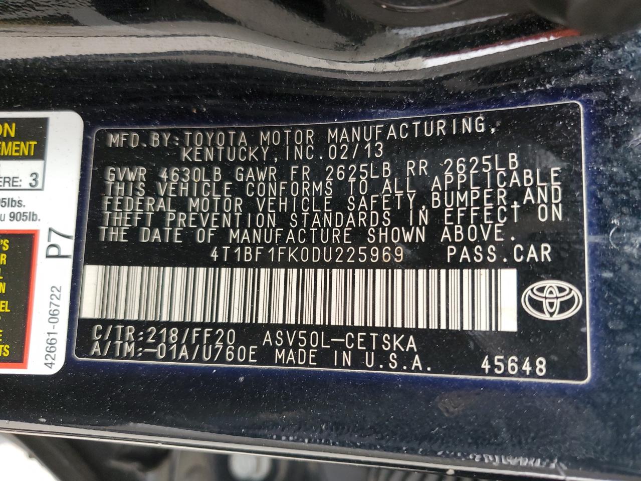 2013 Toyota Camry VIN 4T1BF1FK0DU225969 Copart auction photo, side / front end damage thumbnail 15