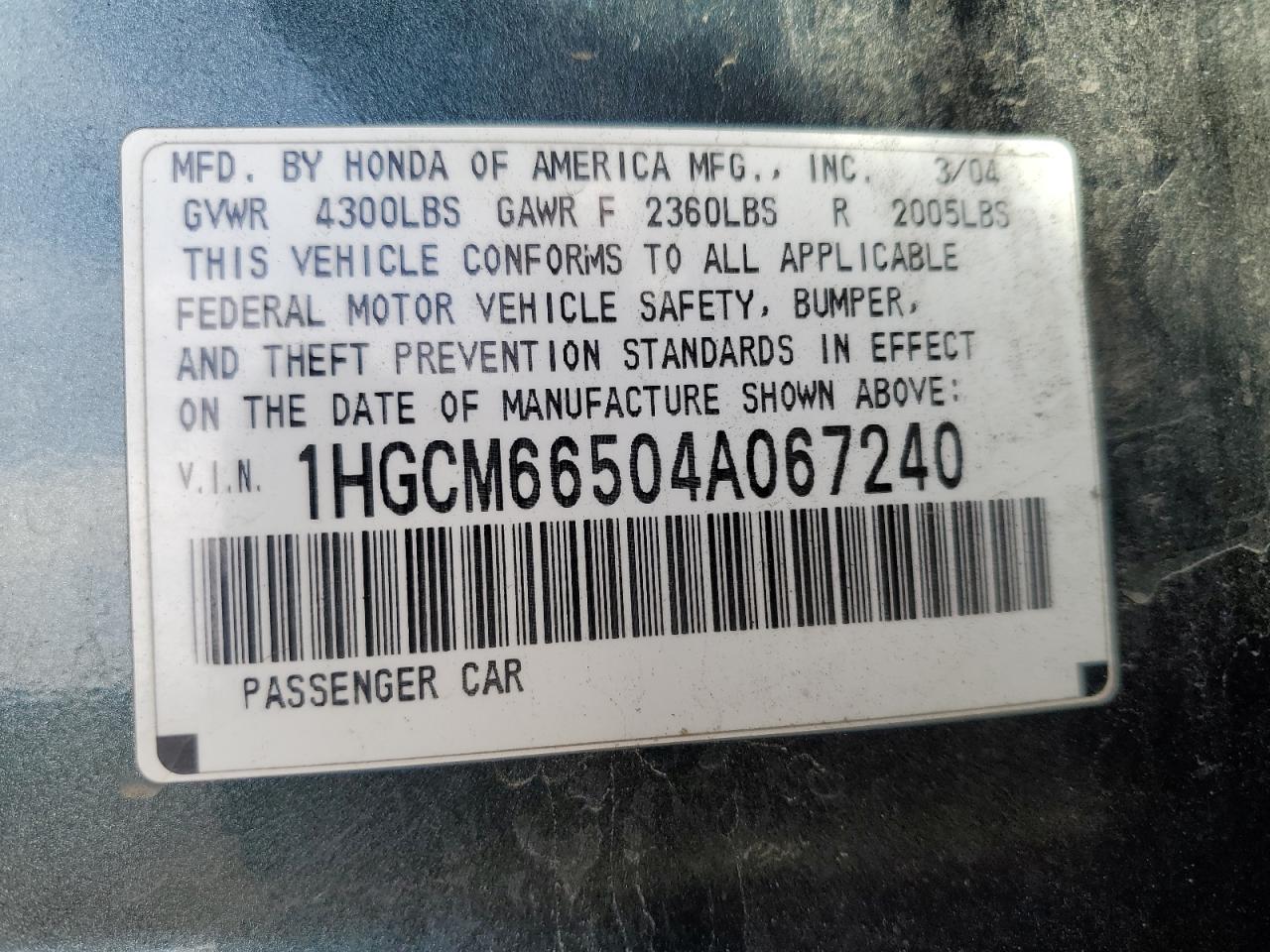 2004 Honda Accord VIN 1HGCM66504A067240 Copart auction photo, front end damage thumbnail 15