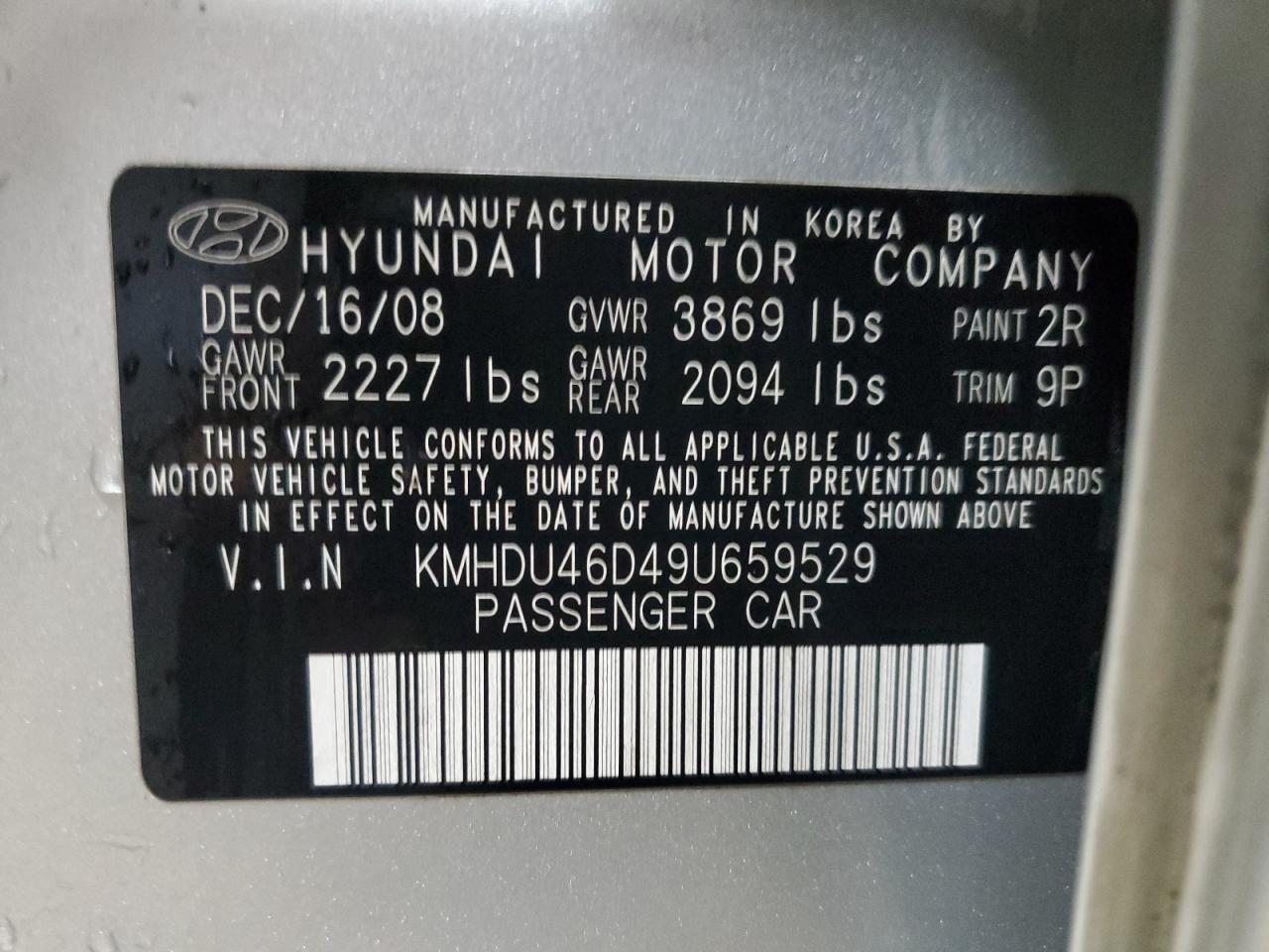 2009 Hyundai Elantra VIN KMHDU46D49U659529 Copart auction photo, rear end / front end damage thumbnail 12