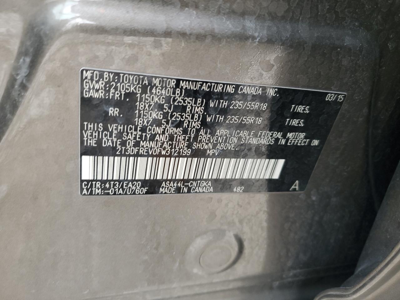 2015 Toyota RAV 4 VIN 2T3DFREV0FW312199 Copart auction photo, rear end damage thumbnail 13
