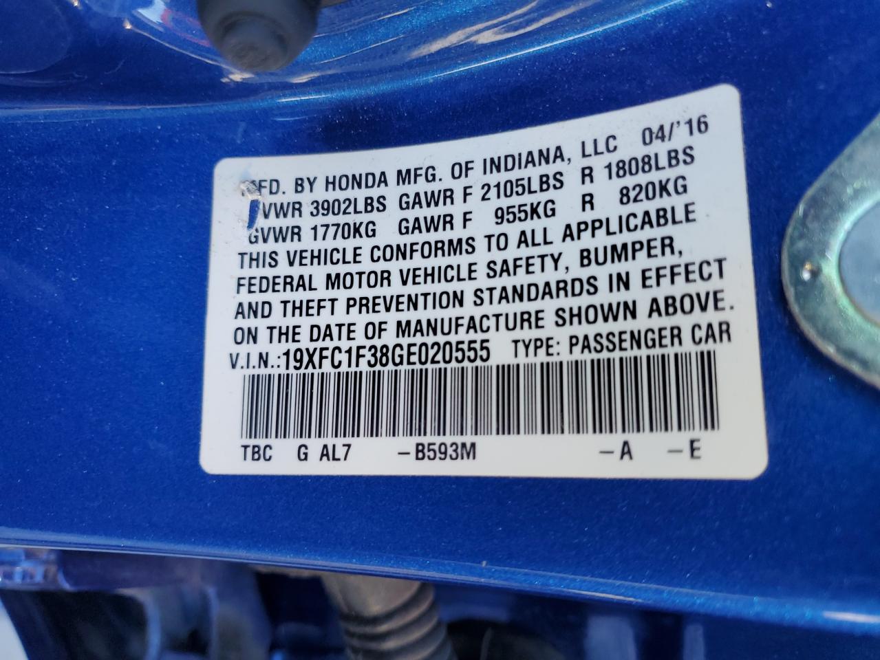 2016 Honda Civic VIN 19XFC1F38GE020555 Copart auction photo, front end / side damage thumbnail 12