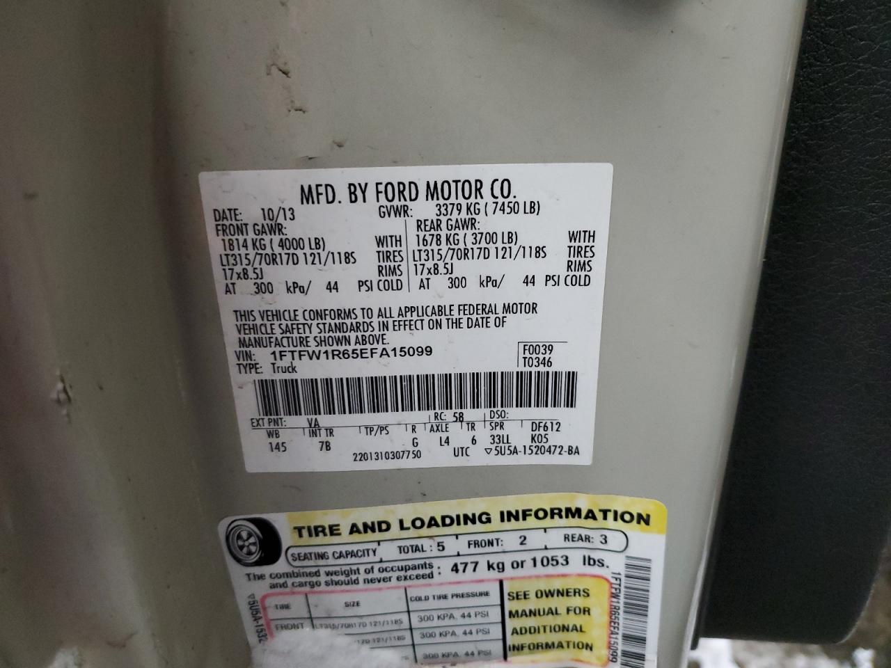 2014 Ford F-150 VIN 1FTFW1R65EFA15099 Copart auction photo, front end / side damage thumbnail 14