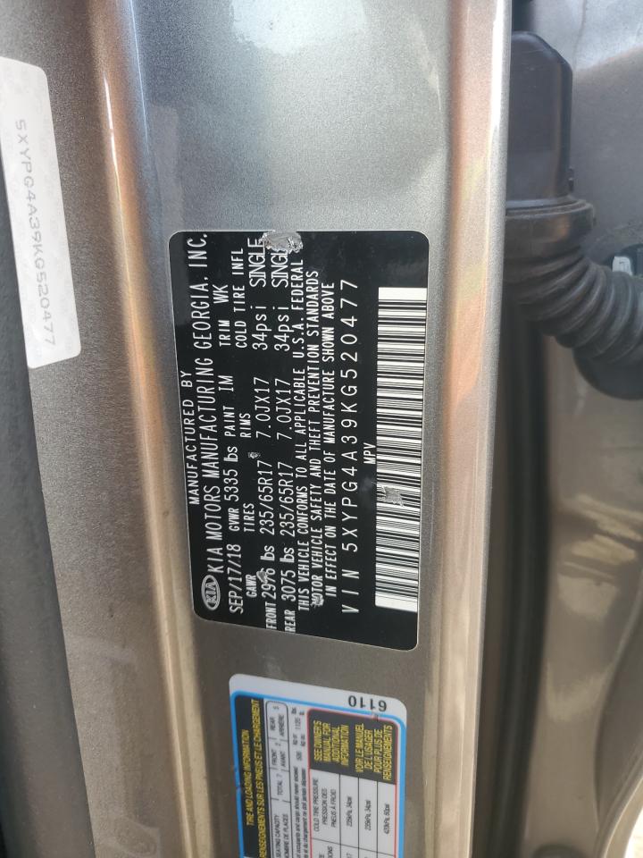 2019 KIA Sorento VIN 5XYPG4A39KG520477 Copart auction photo, front end / rear end damage thumbnail 15