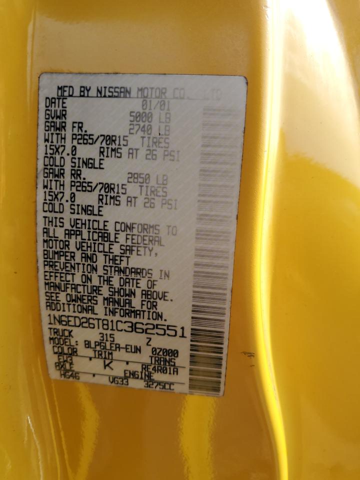 2001 Nissan Navara (Frontier) VIN 1N6ED26T81C362551 Copart auction photo, side damage thumbnail 12