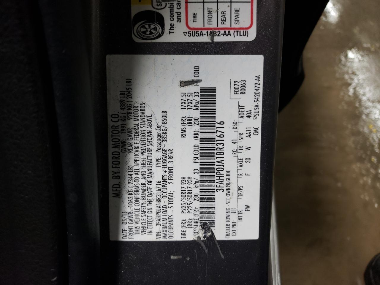 2011 Ford Fusion VIN 3FAHP0JA1BR316716 Copart auction photo, front end / side damage thumbnail 12