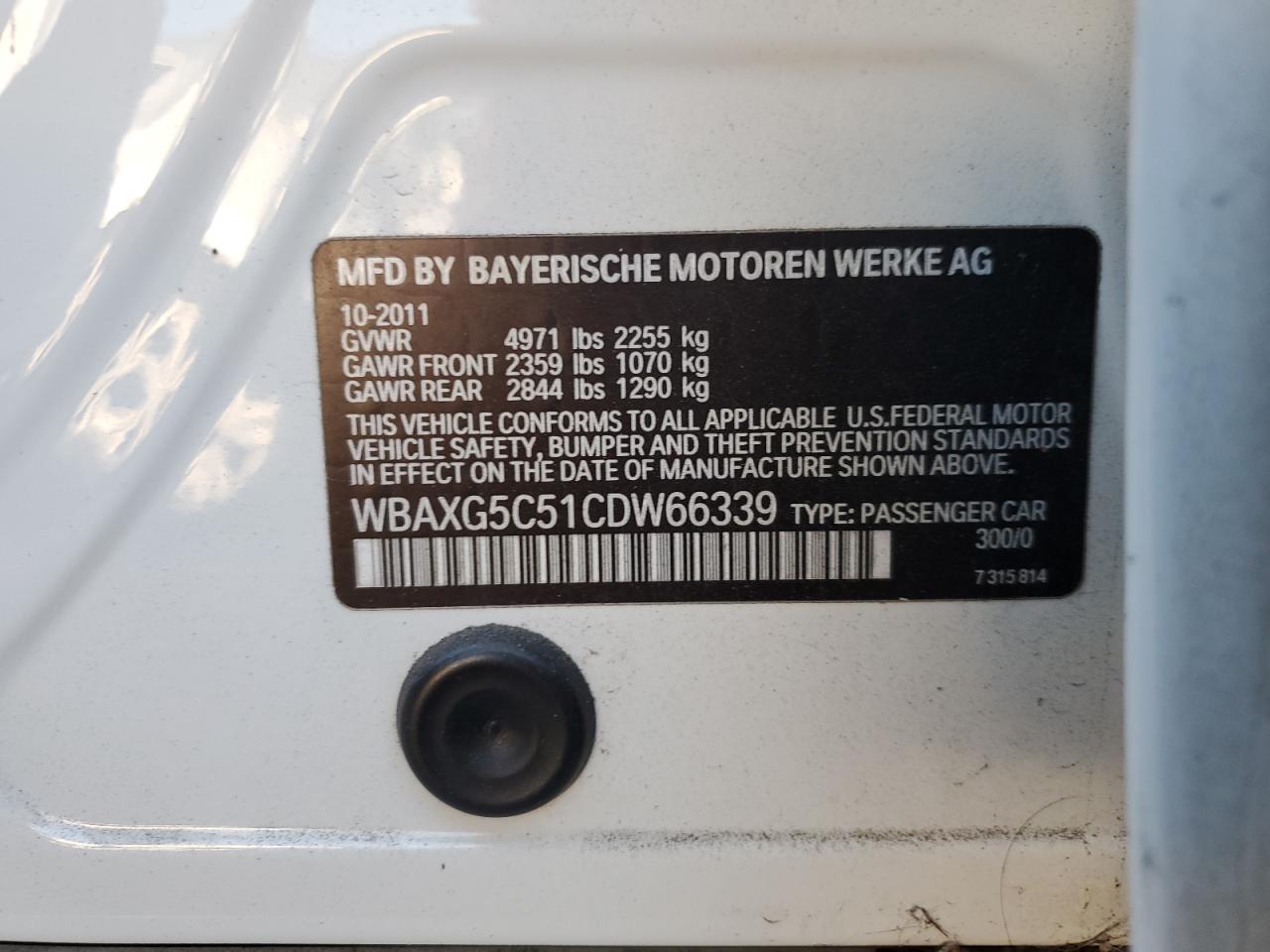 2012 BMW 5er VIN WBAXG5C51CDW66339 Copart auction photo, all over damage thumbnail 12