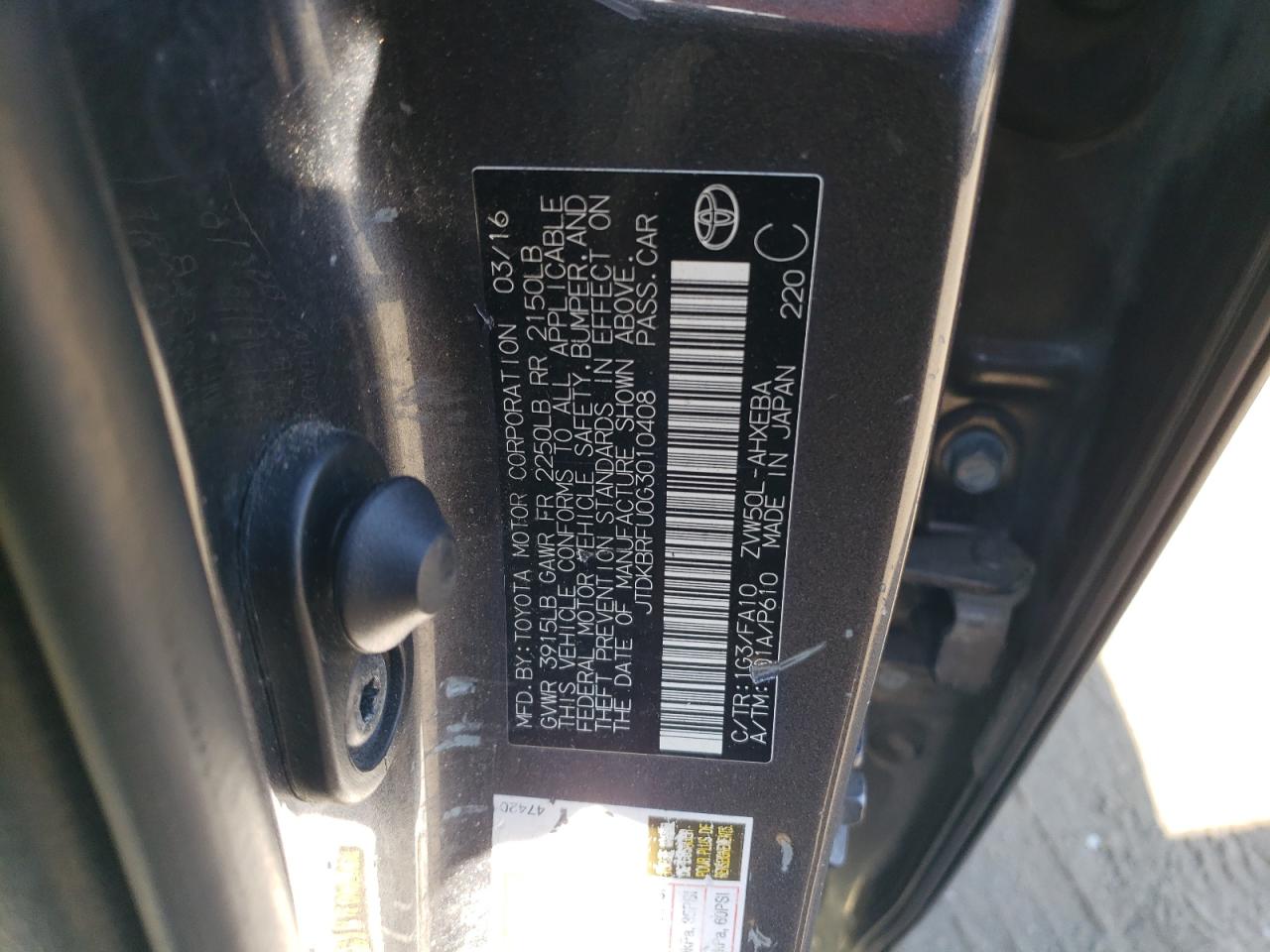 2016 Toyota Prius VIN JTDKBRFU0G3010408 Copart auction photo, front end / minor dent/scratches damage thumbnail 14