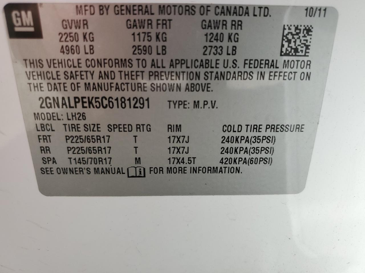 2012 Chevrolet Equinox VIN 2GNALPEK5C6181291 Copart auction photo, mechanical / minor dent/scratches damage thumbnail 12