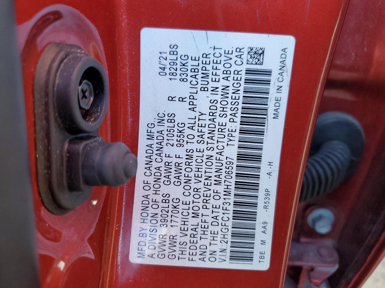2021 Honda Civic VIN 2HGFC1F31MH706597 Copart auction photo, all over / stripped damage thumbnail 12