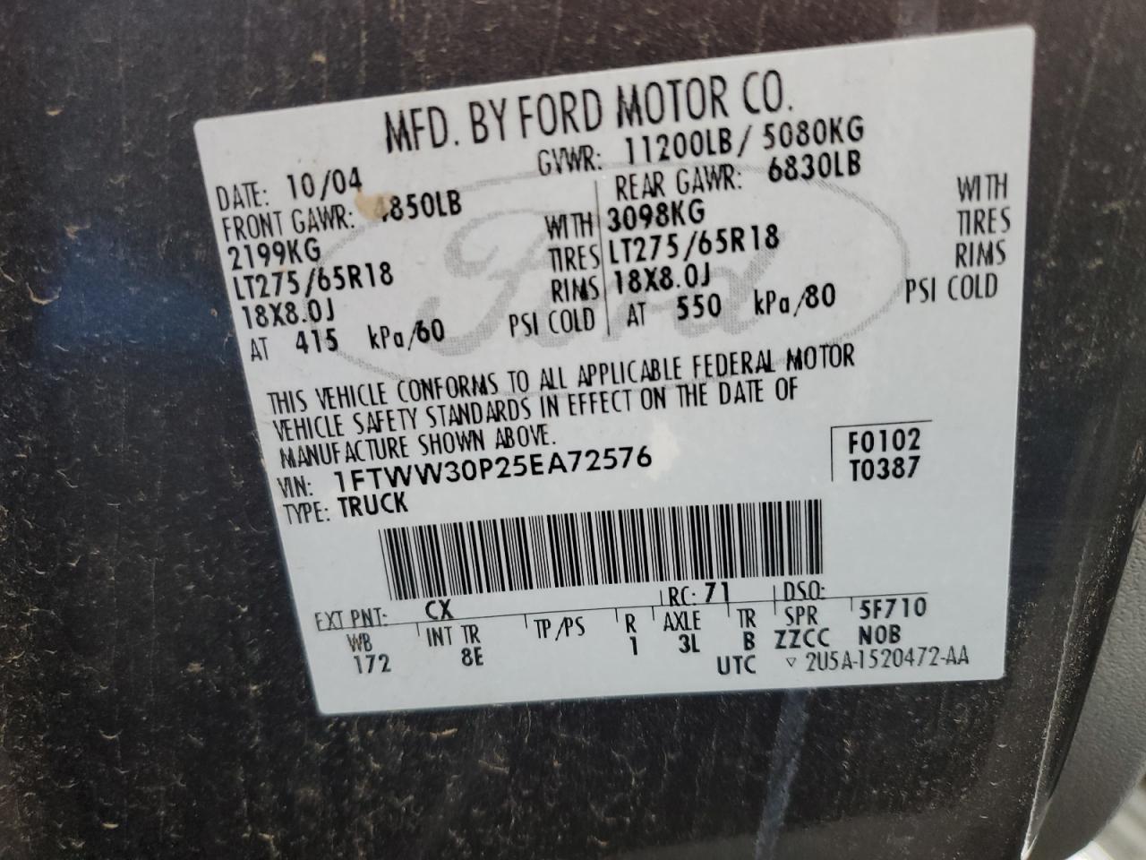 2005 Ford F350 VIN 1FTWW30P25EA72576 Copart auction photo, rear end damage thumbnail 13