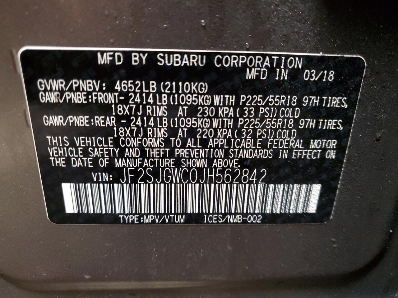 2018 Subaru Forester VIN JF2SJGWC0JH562842 Copart auction photo, front end / side damage thumbnail 13