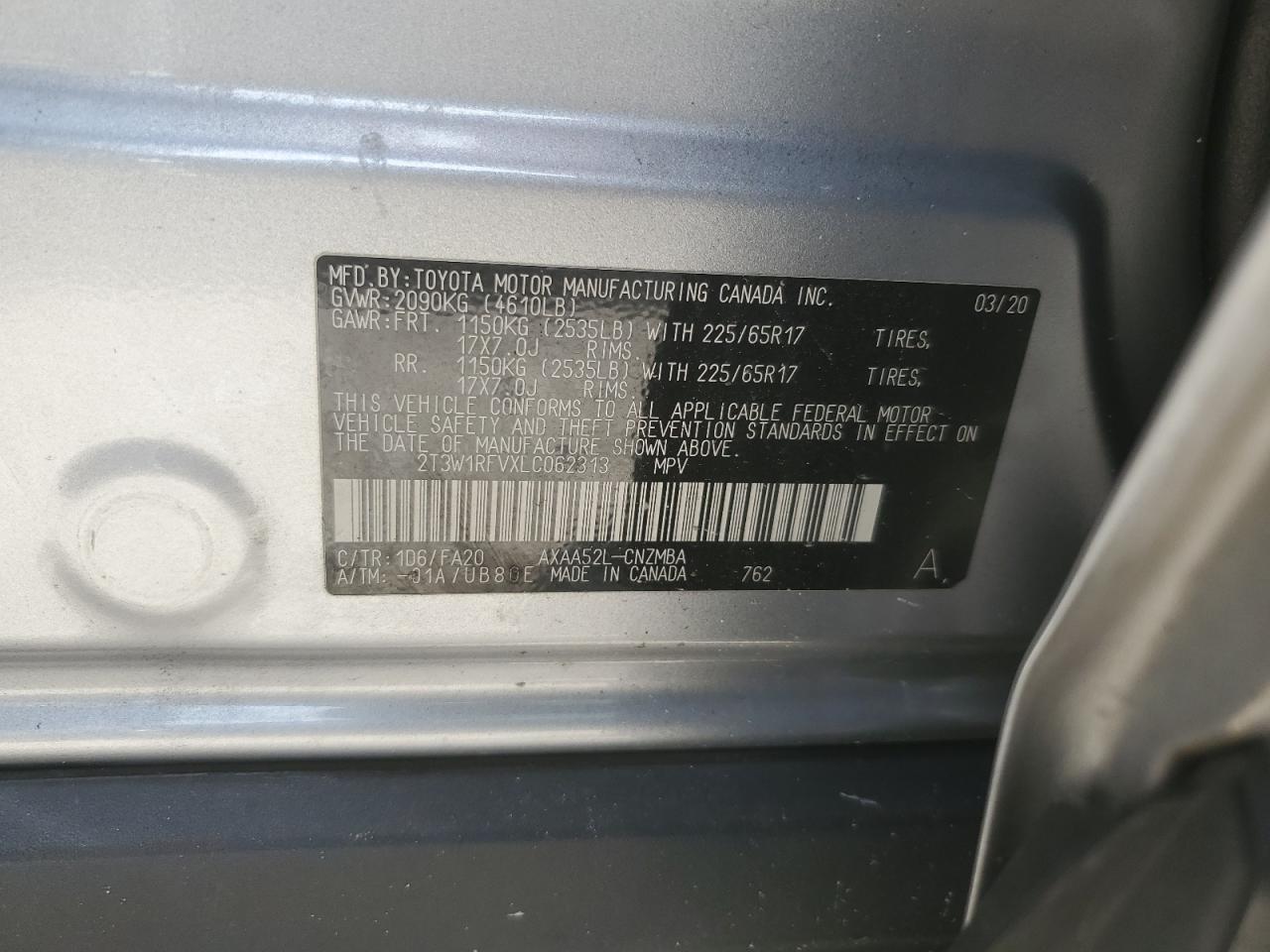 2020 Toyota RAV 4 VIN 2T3W1RFVXLC062313 Copart auction photo, side / front end damage thumbnail 16