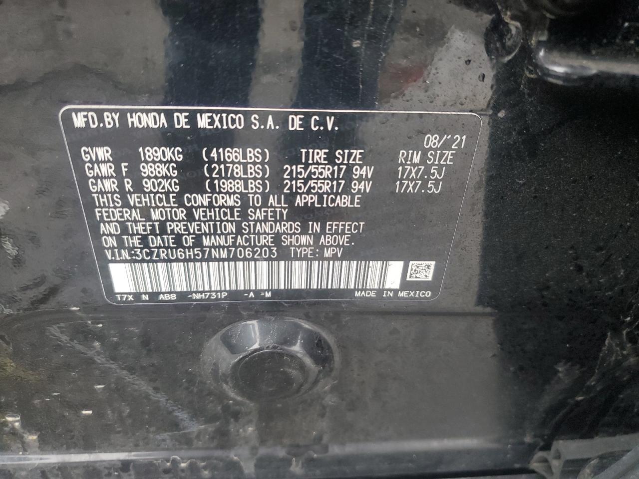 2022 Honda HR-V VIN 3CZRU6H57NM706203 Copart auction photo, rollover damage thumbnail 15