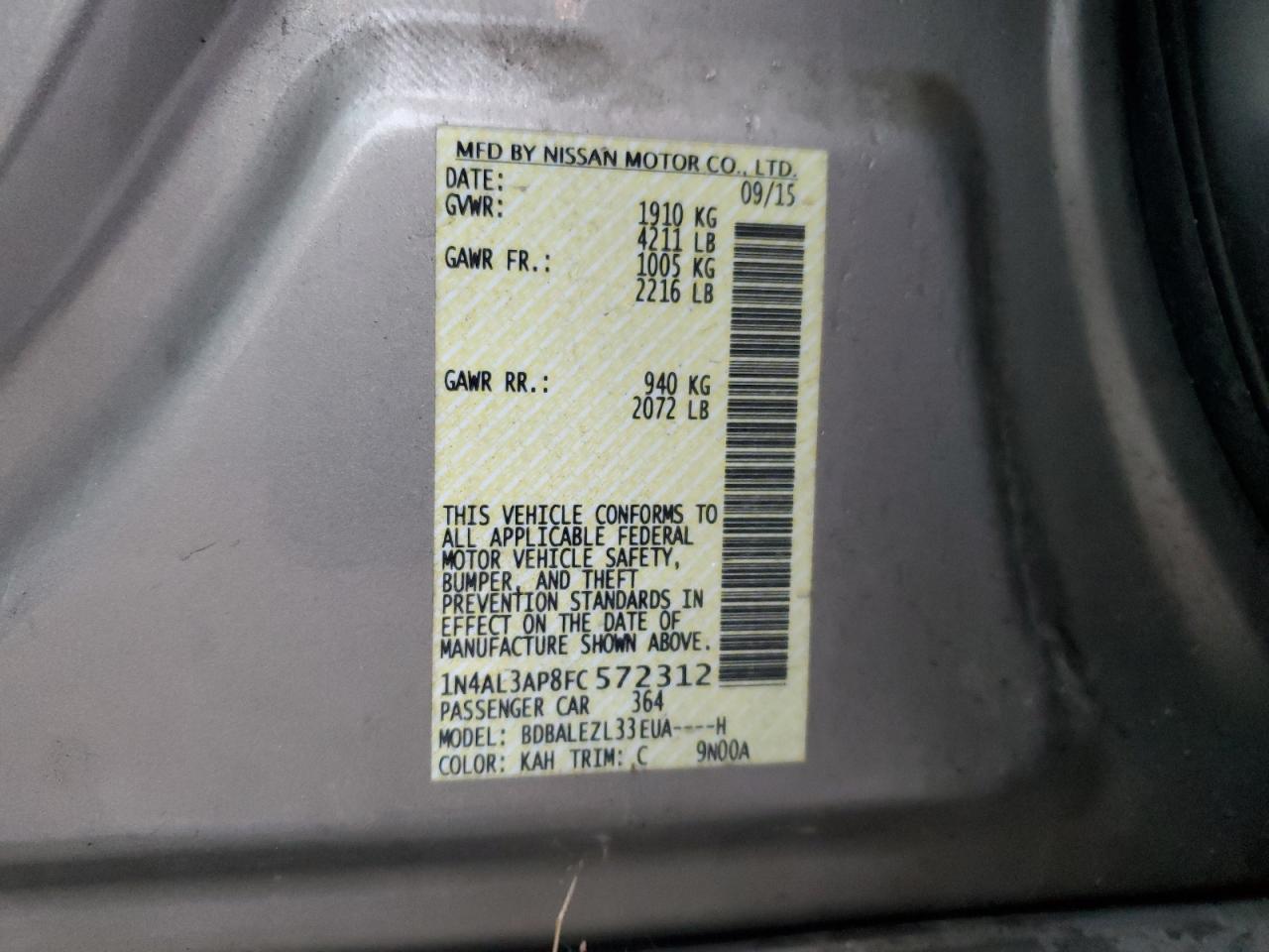 2015 Nissan Altima VIN 1N4AL3AP8FC572312 Copart auction photo, rollover / side damage thumbnail 12